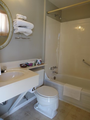 Combined shower/bathtub, free toiletries, towels