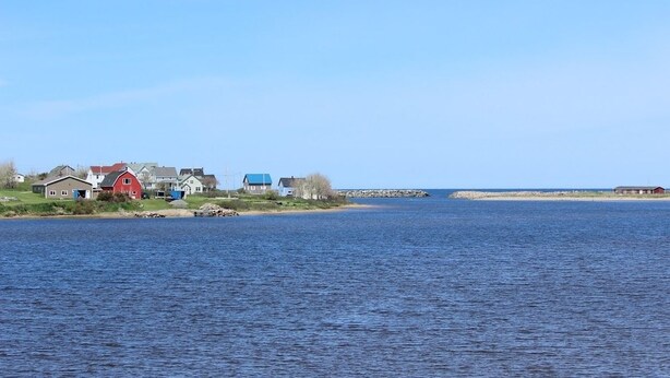 A coastal village with houses by the water, a sandy beach, and a rocky outcrop. - Duck Cove Inn (Margaree Harbour)