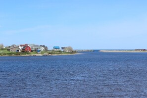 A coastal village with houses by the water, a sandy beach, and a rocky outcrop. - Duck Cove Inn (Margaree Harbour)