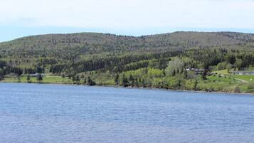Une vue sur le lac, avec une colline boisée en arrière-plan et un bâtiment doté d’un quai.