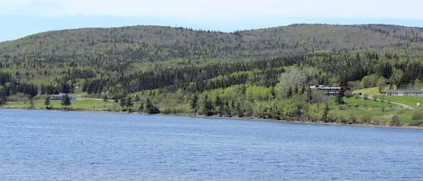 A lakeside view with a forested hill in the background and a building with a dock.