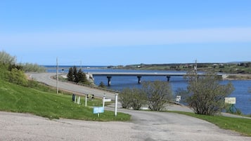 A gravel road leading to a bridge over a body of water, with grassy areas and a few trees on the side.