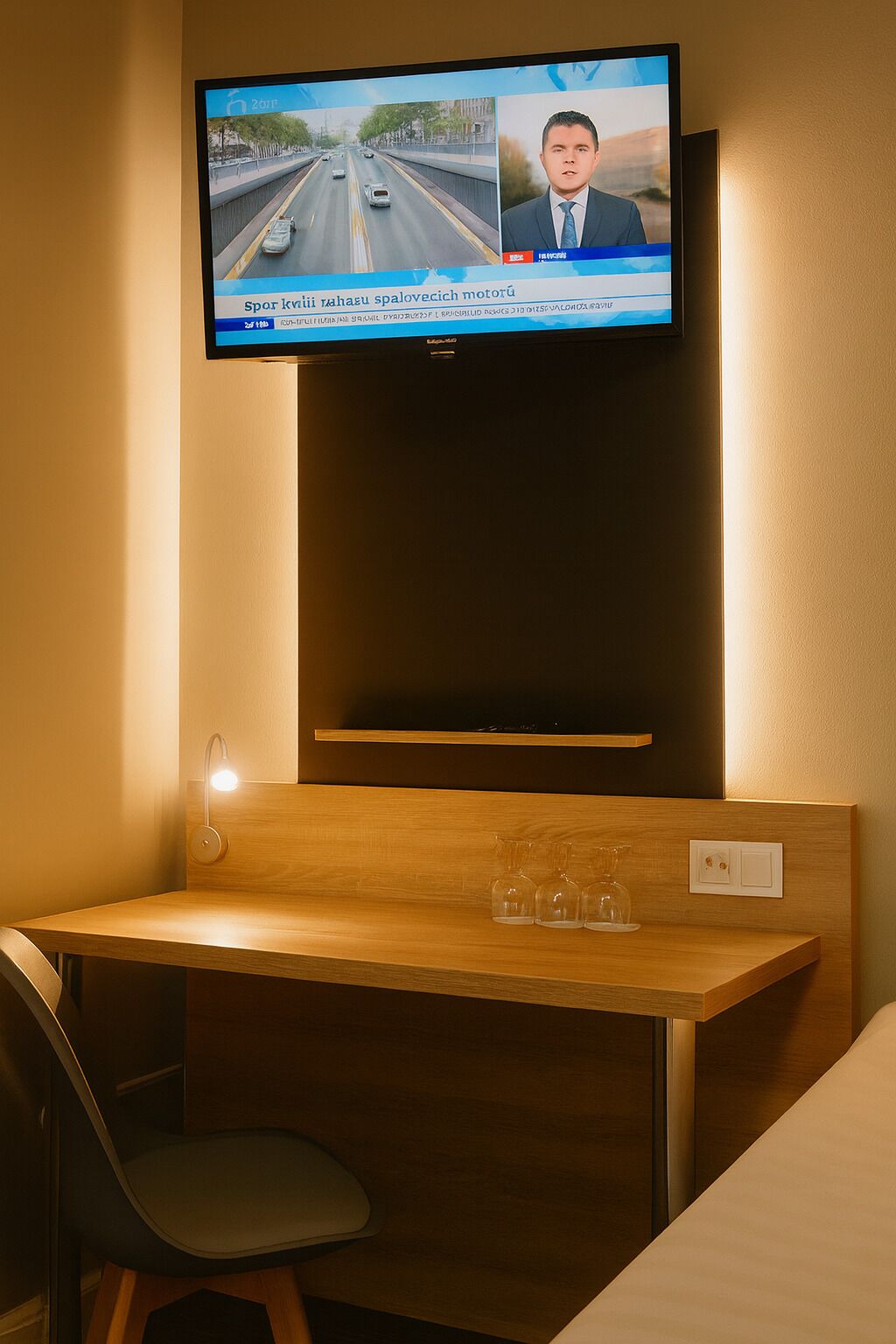 Habitació d'hotel amb un televisor fixat a la paret que mostra un canal d'informatius, un escriptori de fusta amb una cadira, i una petita estant amb objectes de vidre.