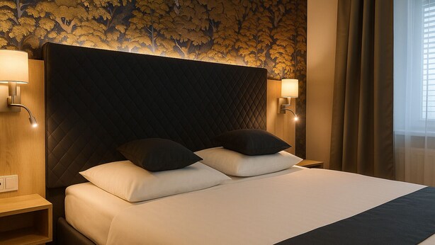 A neatly made bed with two pillows, a dark headboard, and two wall-mounted lamps. - Pension Falconi (Kolin)