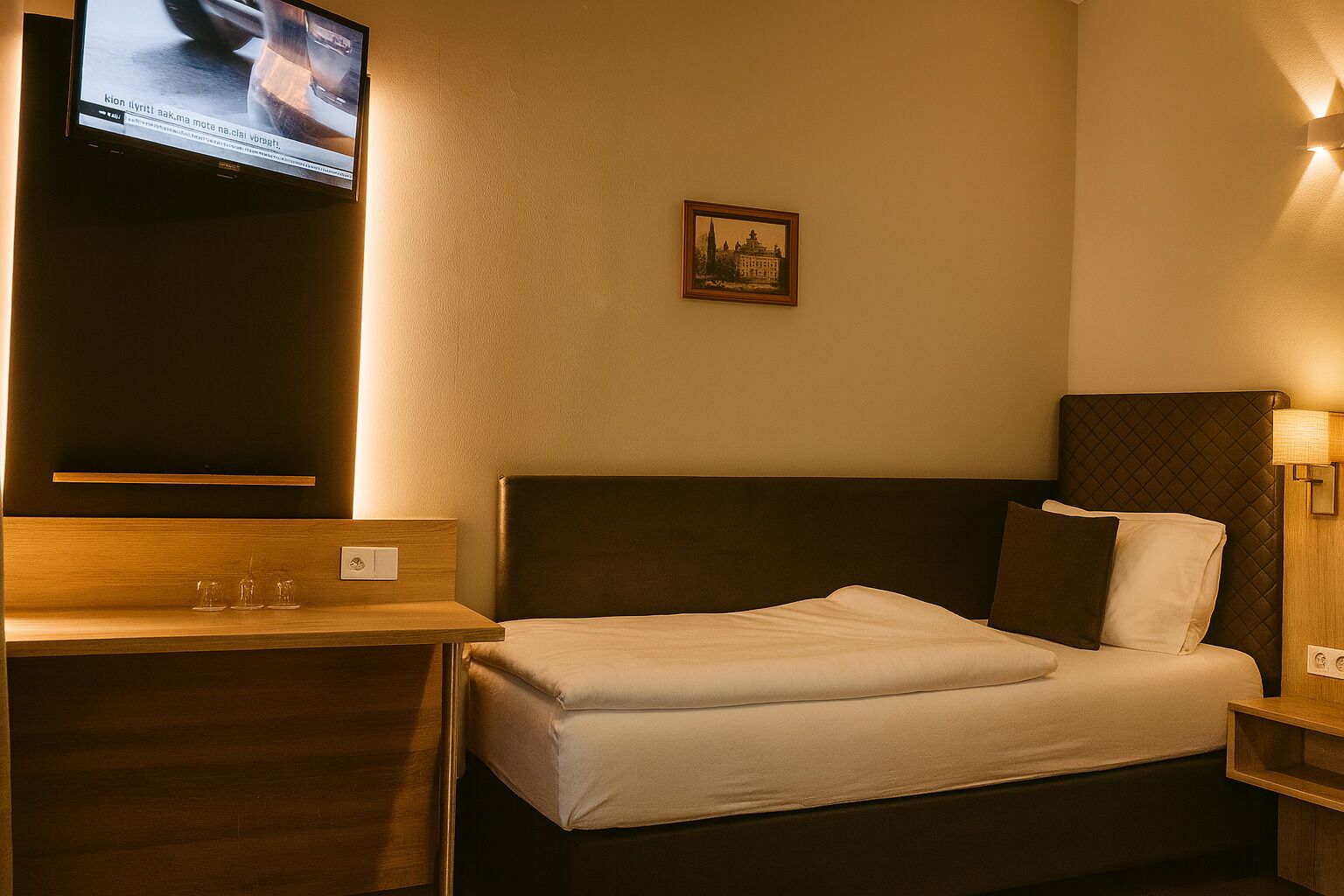 A hotel room with a bed, a bedside table with glasses, a television mounted on the wall, and a framed picture on the wall.