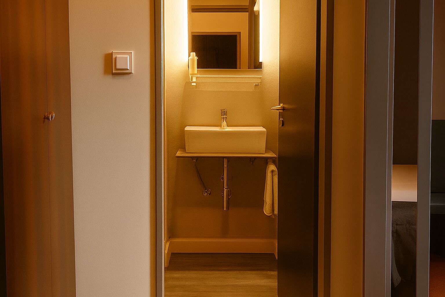 Un pasillo estrecho que lleva a un baño con lavabo y espejo.