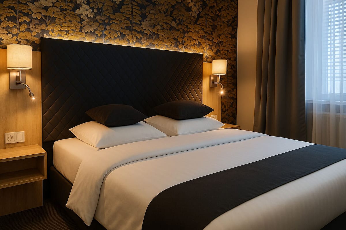 A hotel room with a large bed, two bedside lamps, a wooden nightstand, and a floral wallpaper.