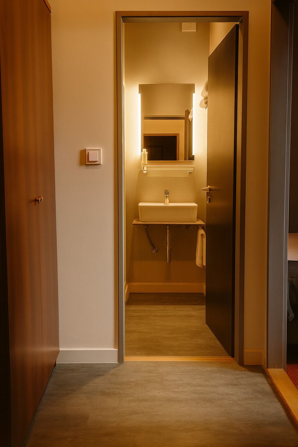 Ein Flur, der zu einem Badezimmer mit Waschbecken, Spiegel und aufgehängtem Handtuch führt.