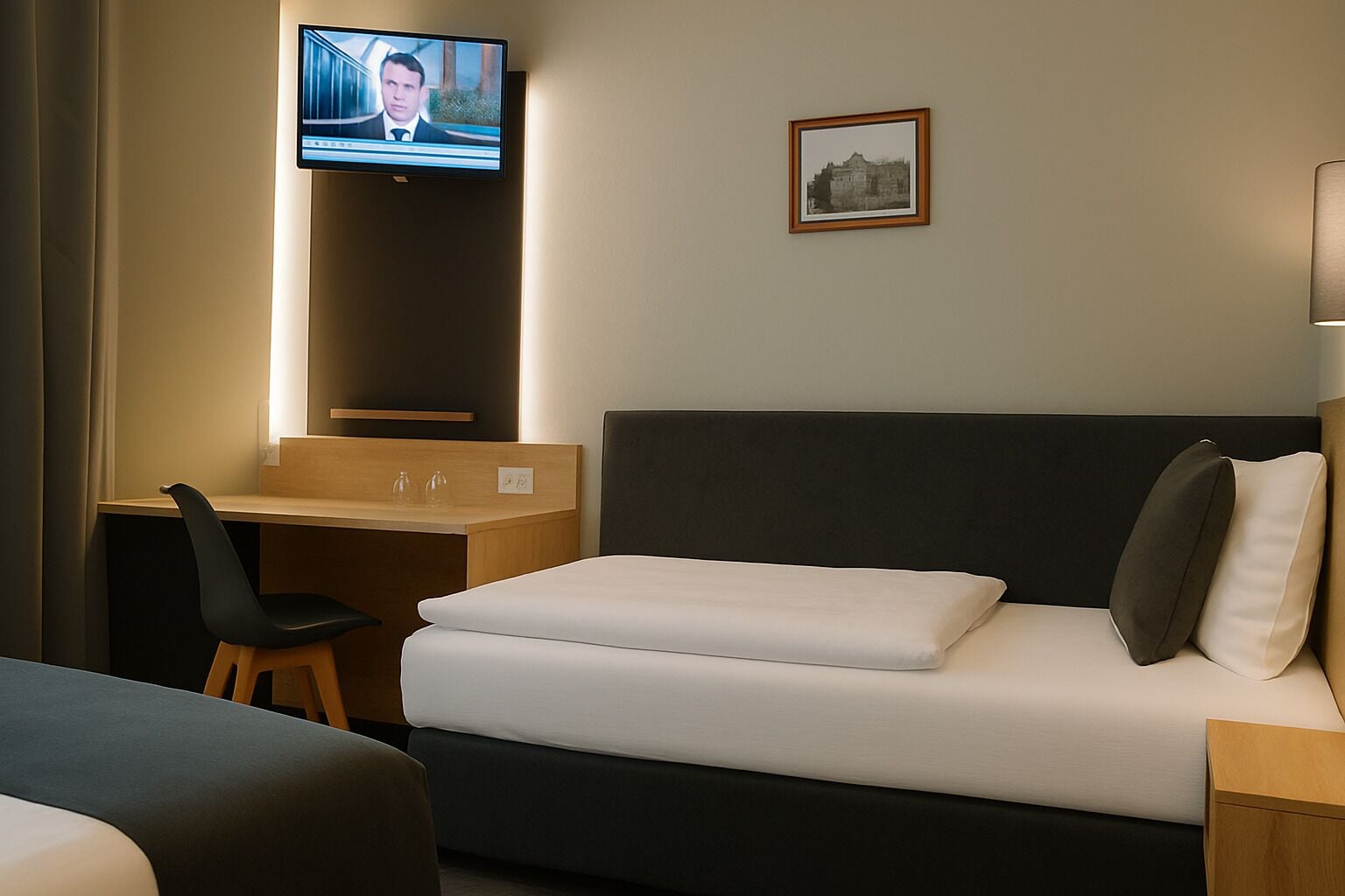 A hotel room with a bed, a desk, a chair, a television mounted on the wall, and a framed picture on the wall.