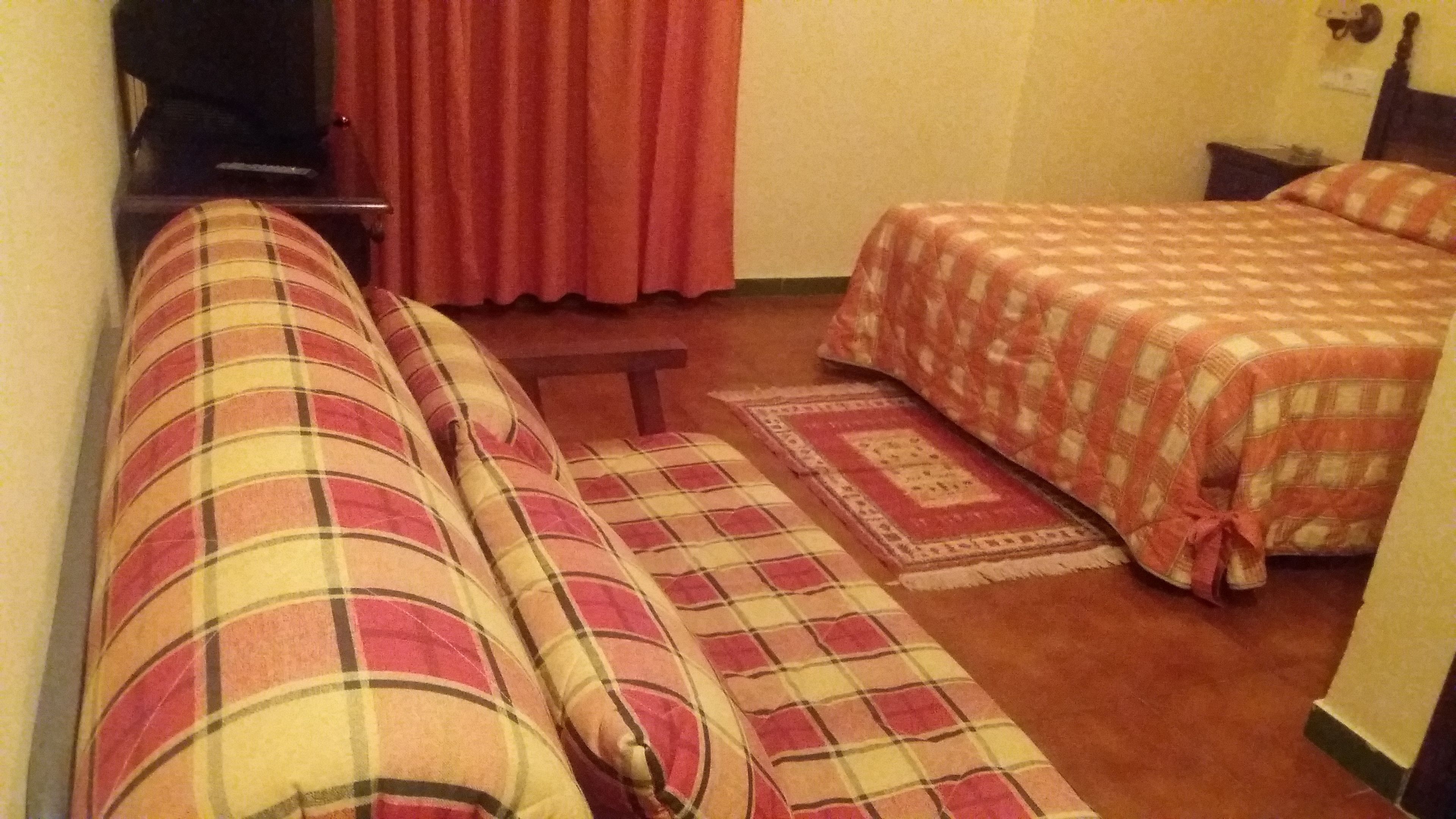 Une pièce comprenant un canapé, un lit recouvert d’une couvre-lit à motifs, un petit tapis et un téléviseur posé sur un meuble.