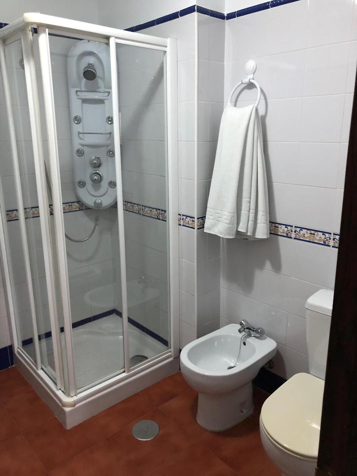 Un baño con ducha de vidrio, un bidé y un inodoro.