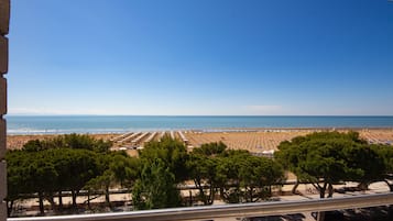 Blick auf einen Strand mit mehreren Reihen von Sonnenschirmen und Liegestühlen, Bäumen und blauem Himmel.
