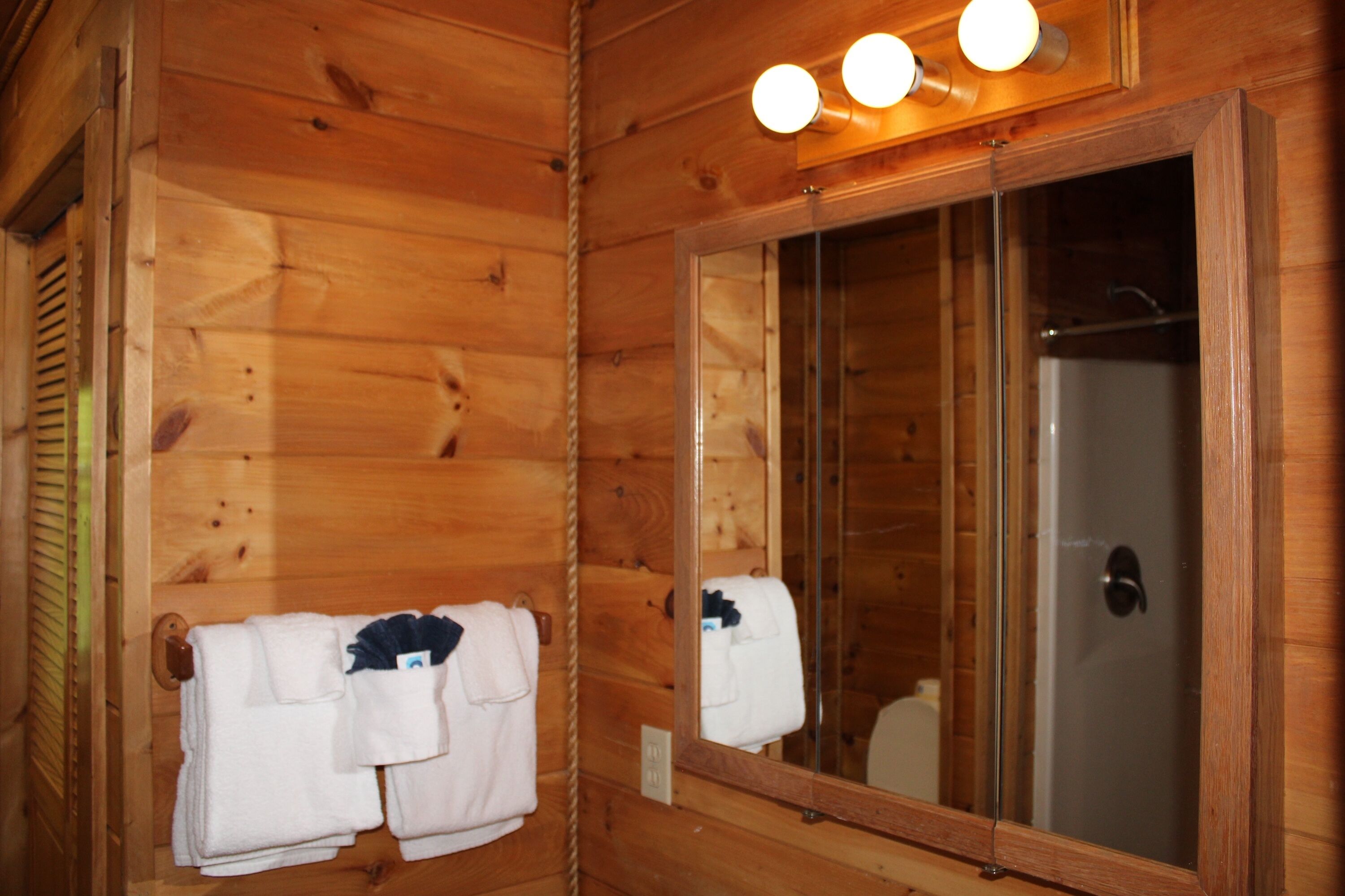 A wooden cabin bathroom with a large mirror, wooden walls, and a shower.