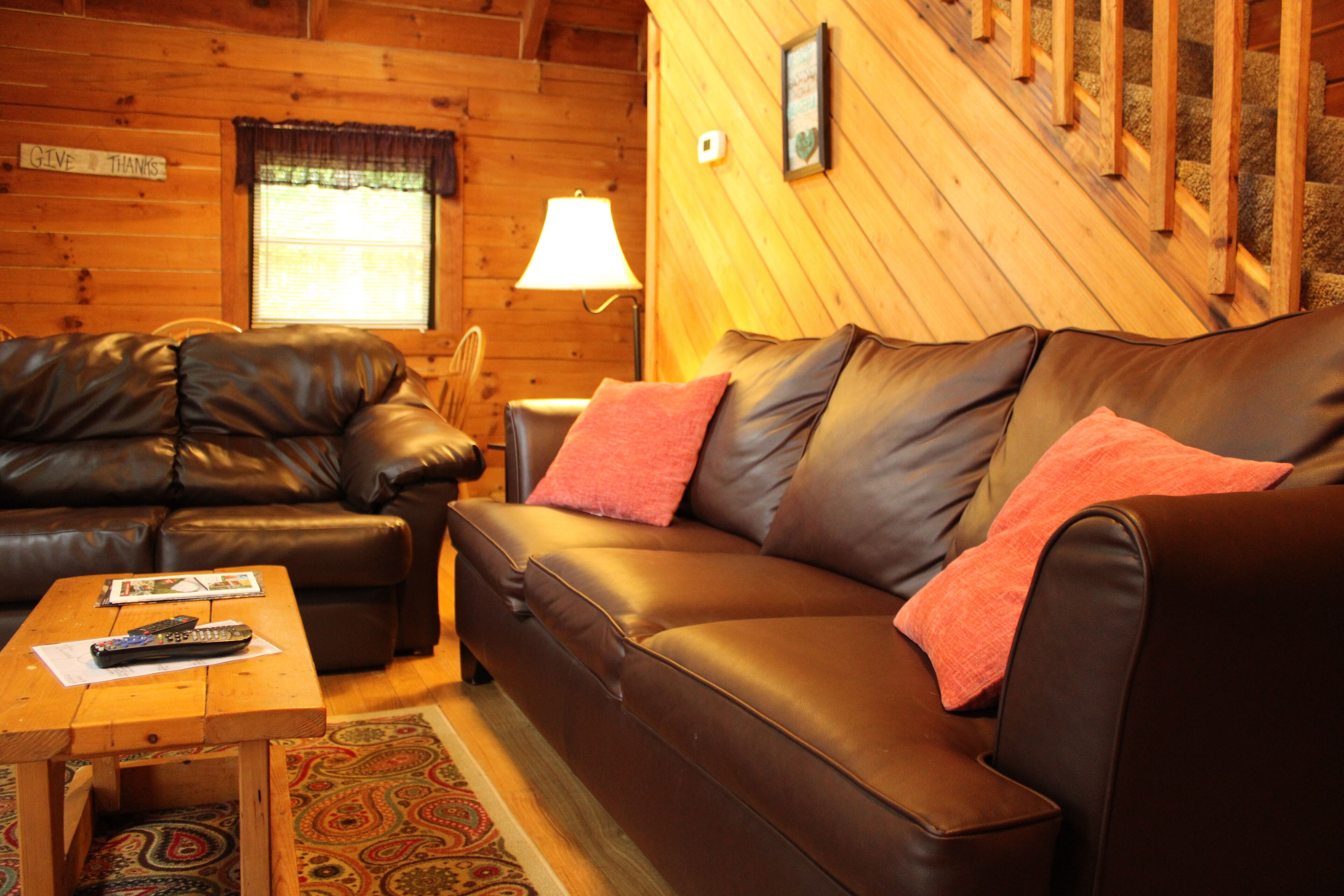 A cozy cabin interior with a brown leather sofa, a wooden coffee table with a remote control, and a patterned rug.