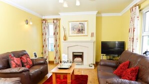 A living room with two brown leather sofas, a red rug, a fireplace, a television, and yellow walls. - Brooke Lodge Guesthouse (Magherafelt)