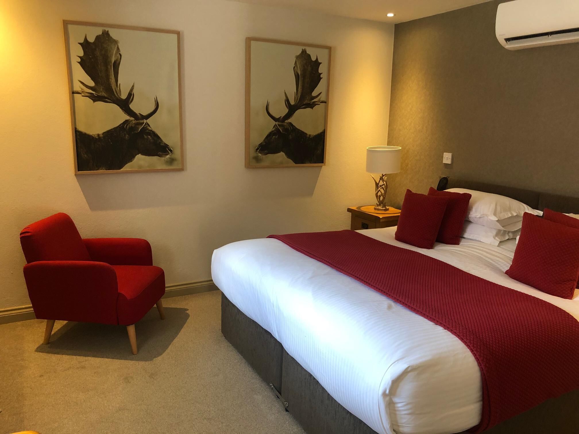 A hotel room with a large bed, red armchair, and two moose paintings on the wall.