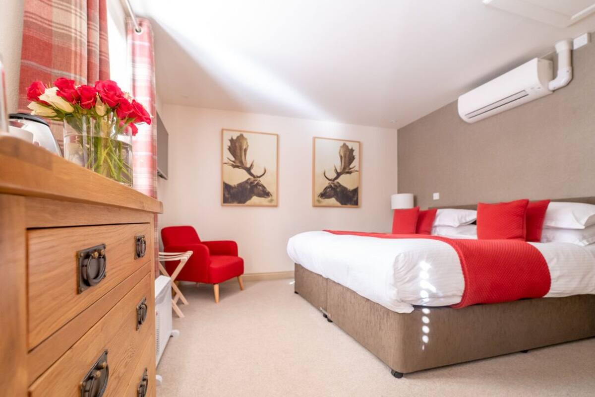 A hotel room with a bed, a wooden dresser, a red chair, and two moose paintings on the wall.