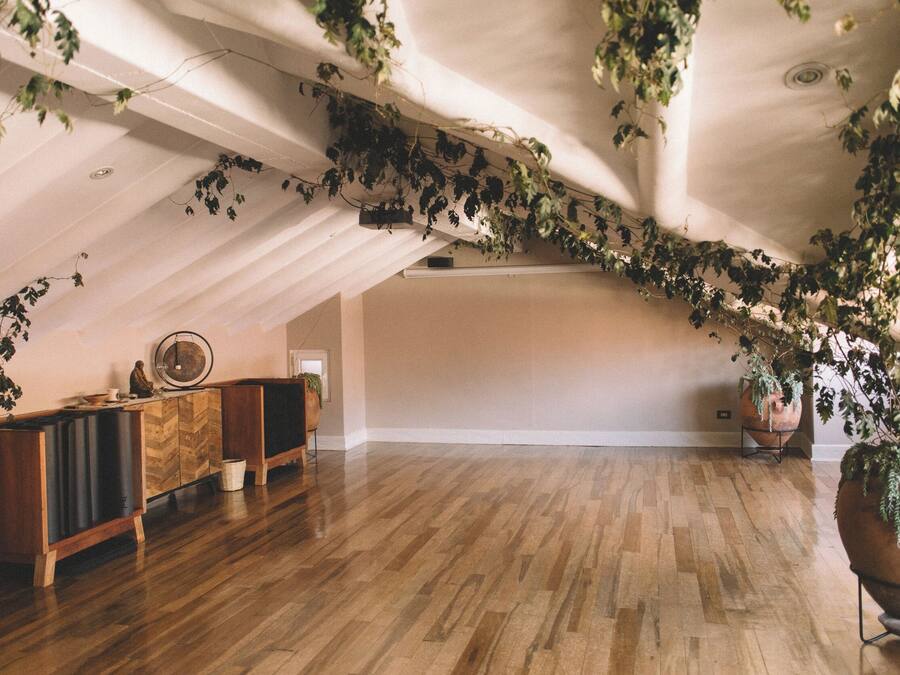An attic room with wooden flooring, a wooden cabinet, and a ceiling with hanging vines.