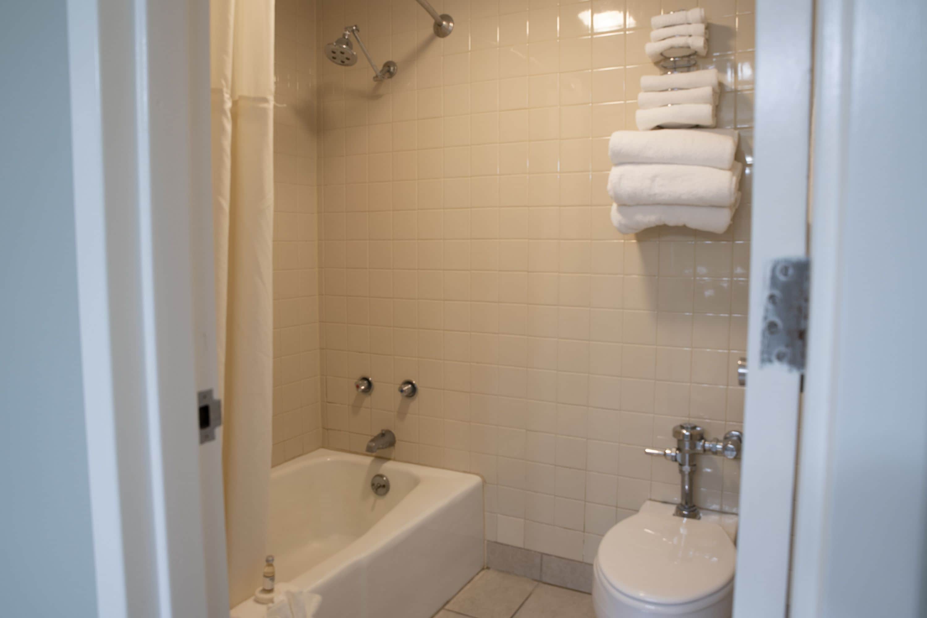 A bathroom with a bathtub, a toilet, and a shower.