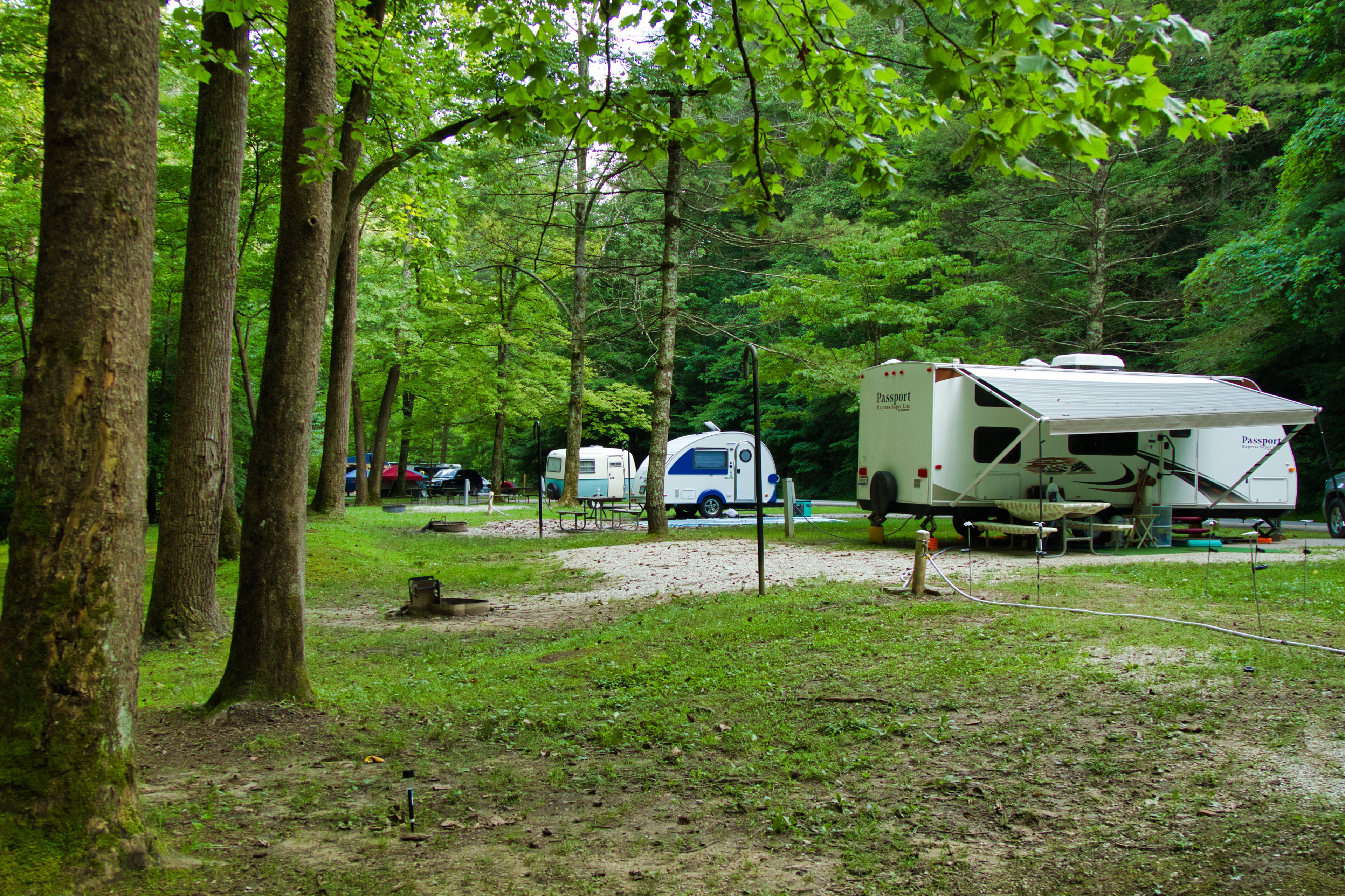 Een camping met campers en een picknicktafel in een bebost gebied.