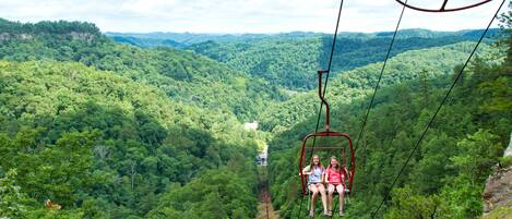 A cable car with two passengers over a forested valley.