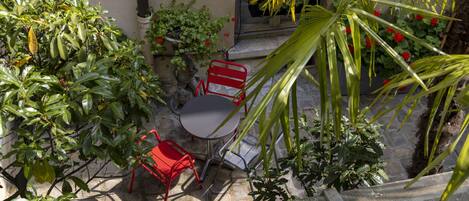 Un pequeño patio al aire libre con una mesa y sillas, rodeado de plantas y flores diversas.