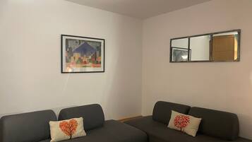 Un salon moderne avec deux canapés gris foncé, chacun agrémenté d’un coussin à motifs d’arbres rouges. Un tableau représentant un paysage urbain, encadré, est accroché au mur, et un miroir est fixé au-dessus des canapés.