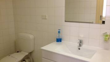 A bathroom with a toilet, sink, mirror, and a bottle of hand soap.