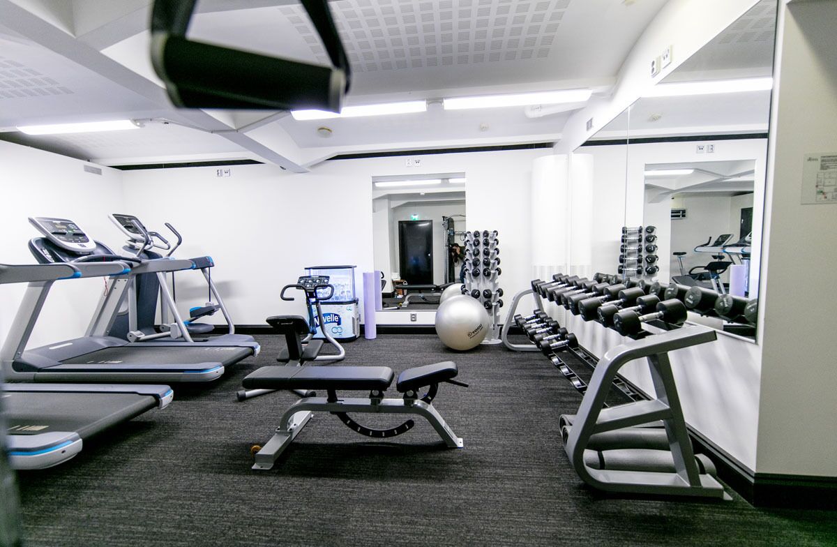 A gym with treadmills, elliptical machines, a bench press, dumbbells, and a medicine ball.