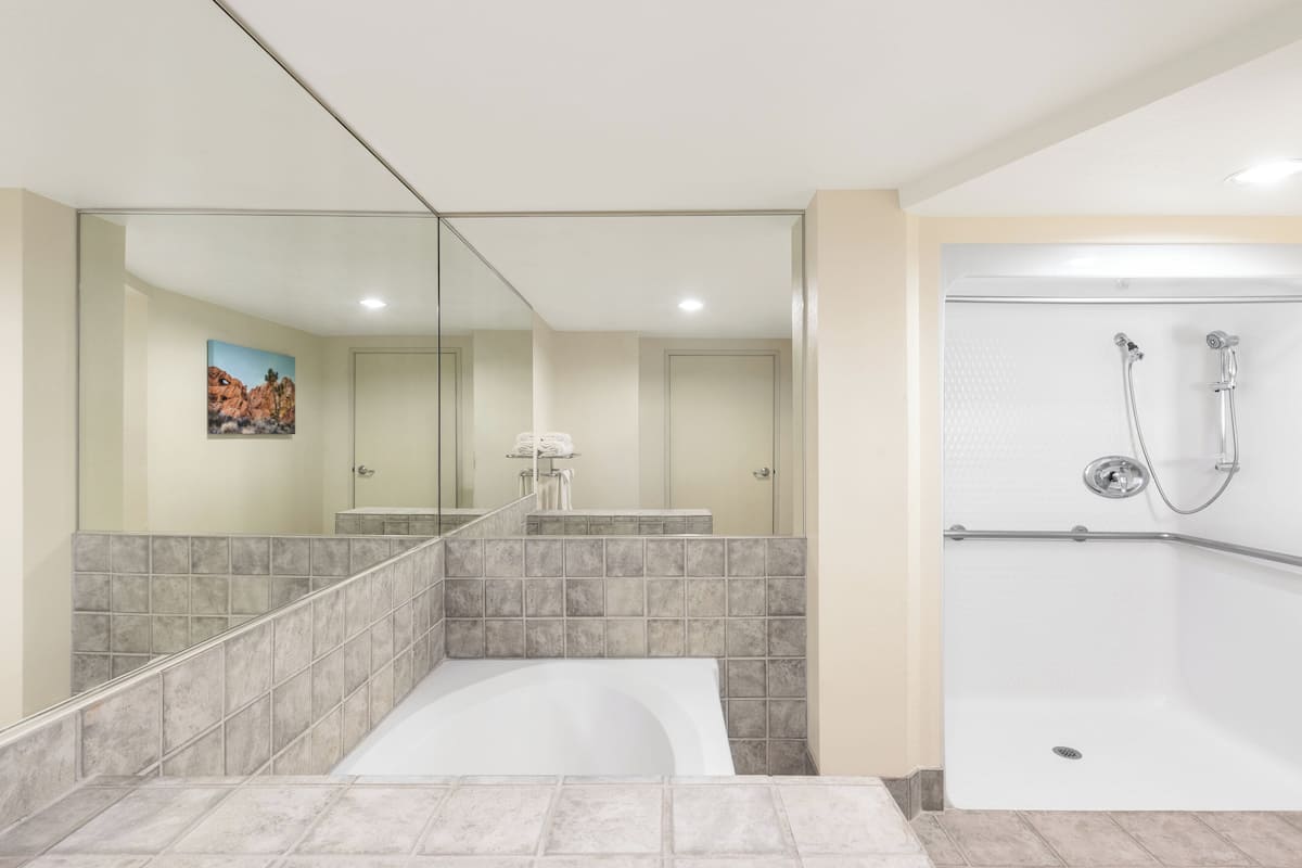 A modern bathroom with a bathtub, a shower, and a large mirror.