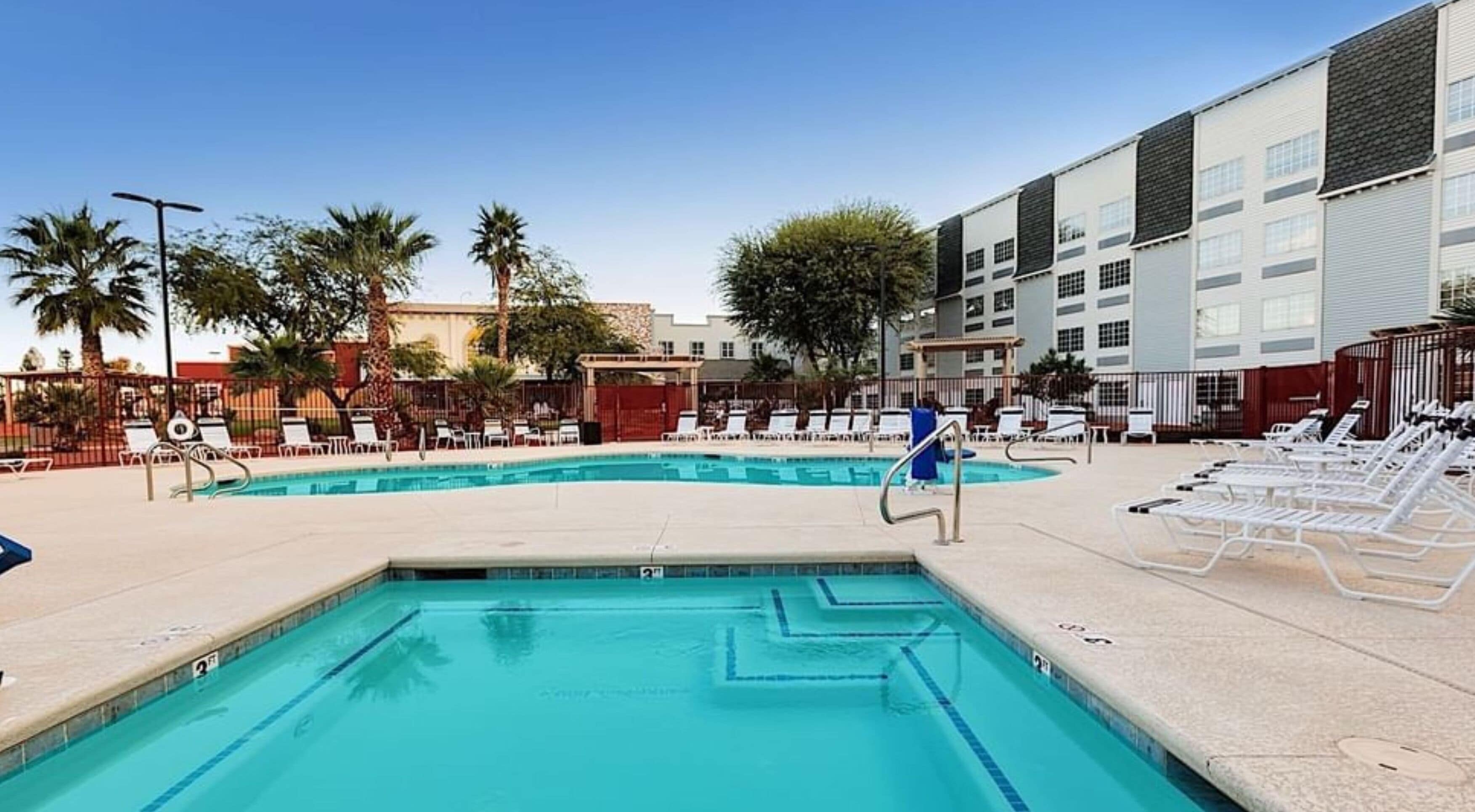 outdoor pool, pool loungers