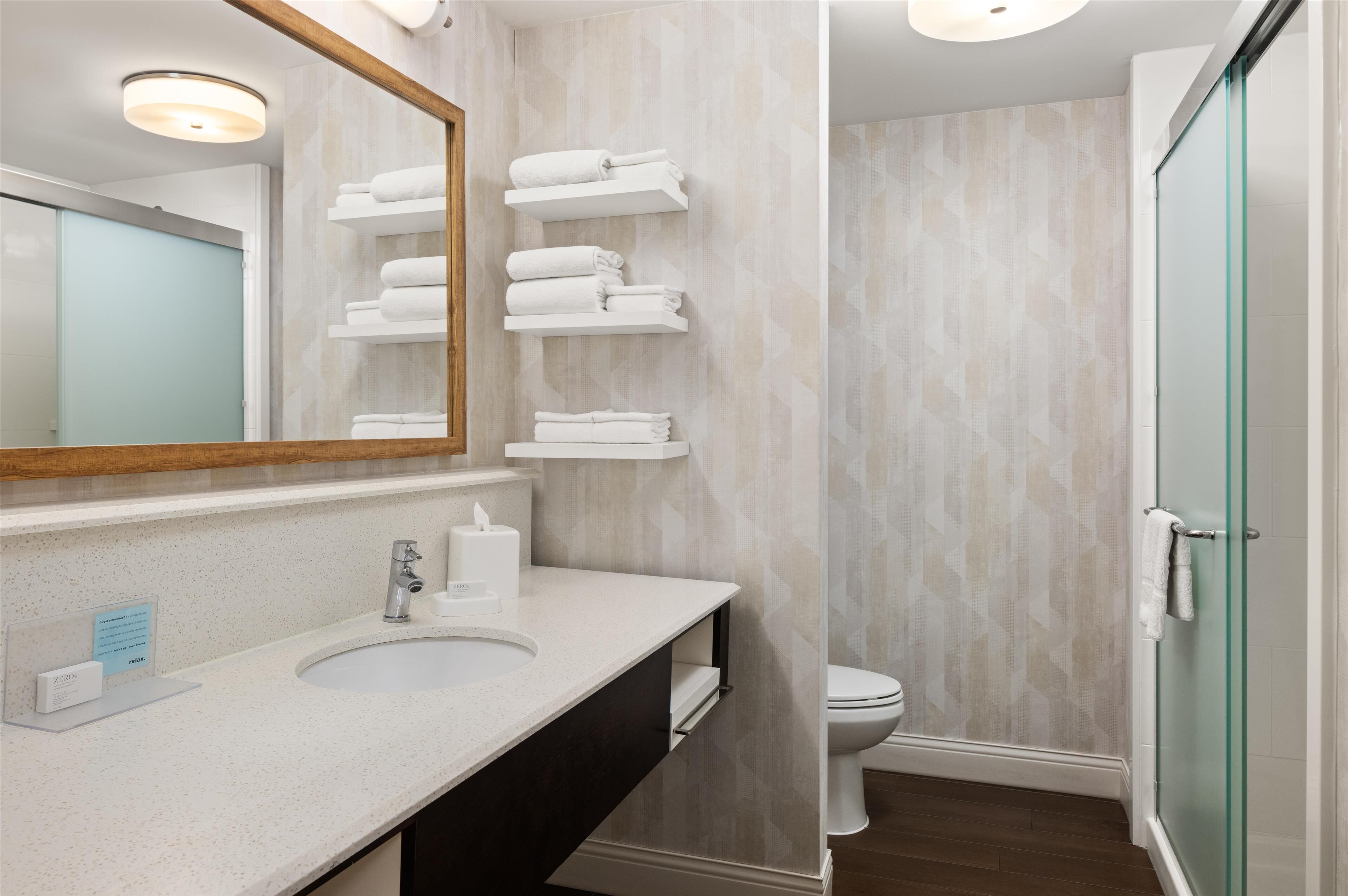 hair dryer, towels, soap, shampoo