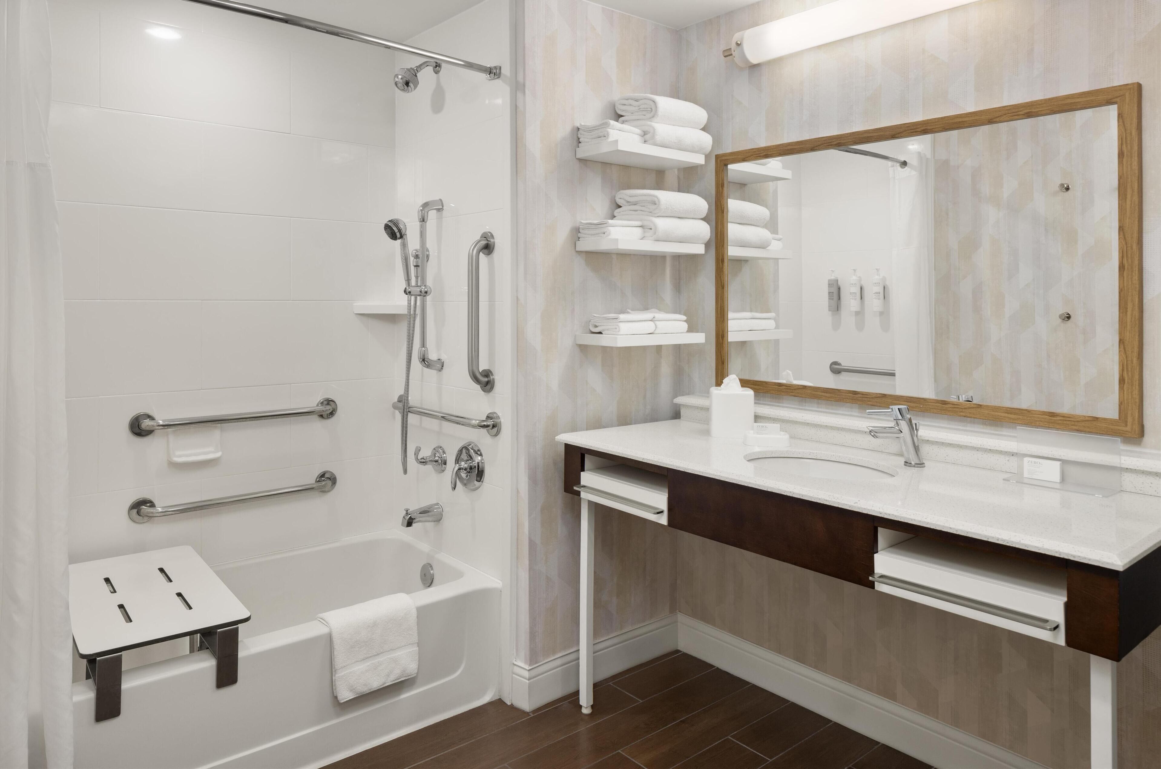 hair dryer, towels, soap, shampoo