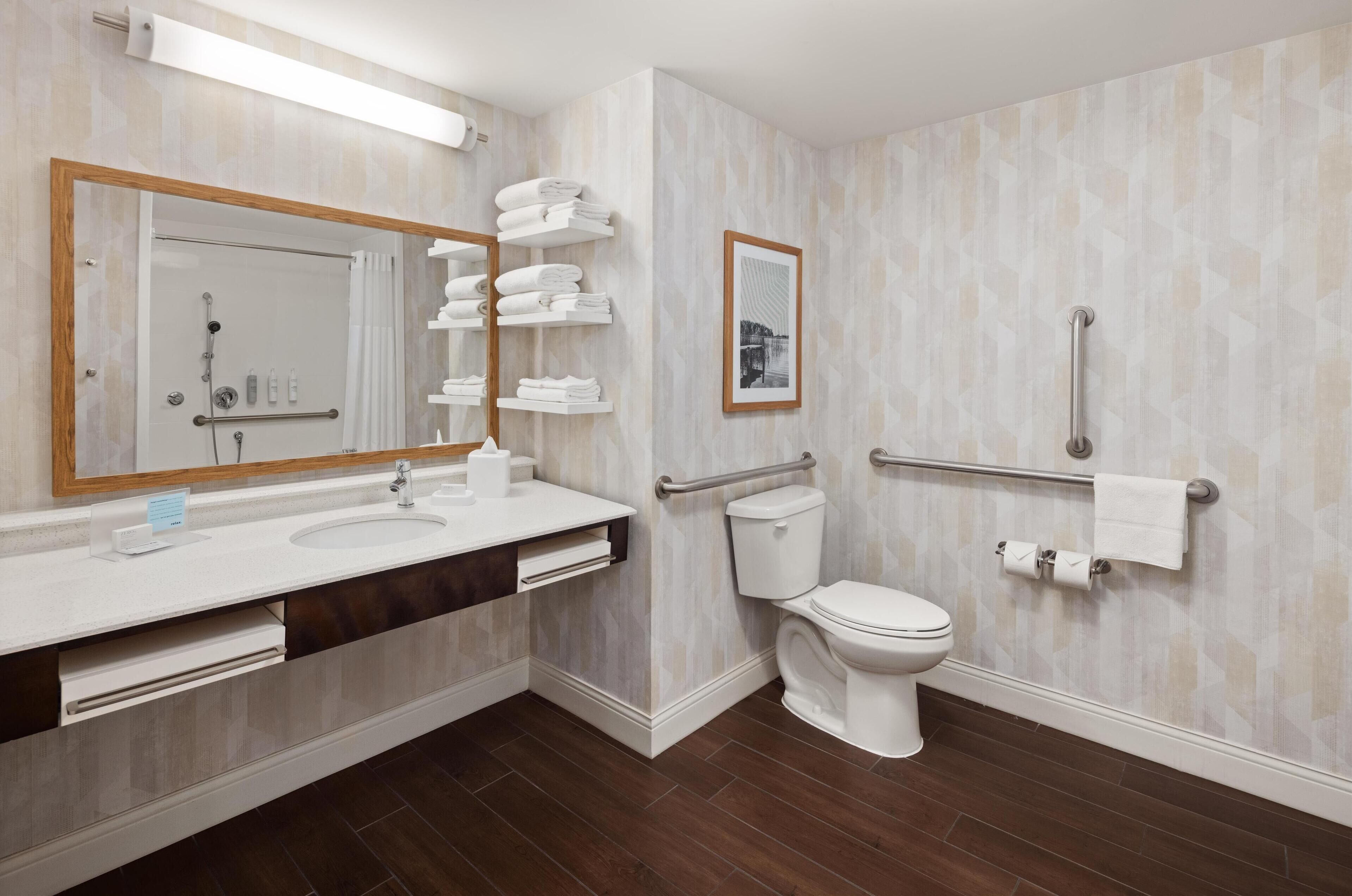 room, accessible, non smoking (roll-in shower) | bathroom | hair dryer, towels, soap, shampoo