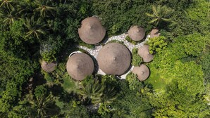 An aerial view of a resort with thatched-roof structures surrounded by dense tropical vegetation. - Mercure Maldives Kooddoo Adult-Only Resort (Kooddoo)