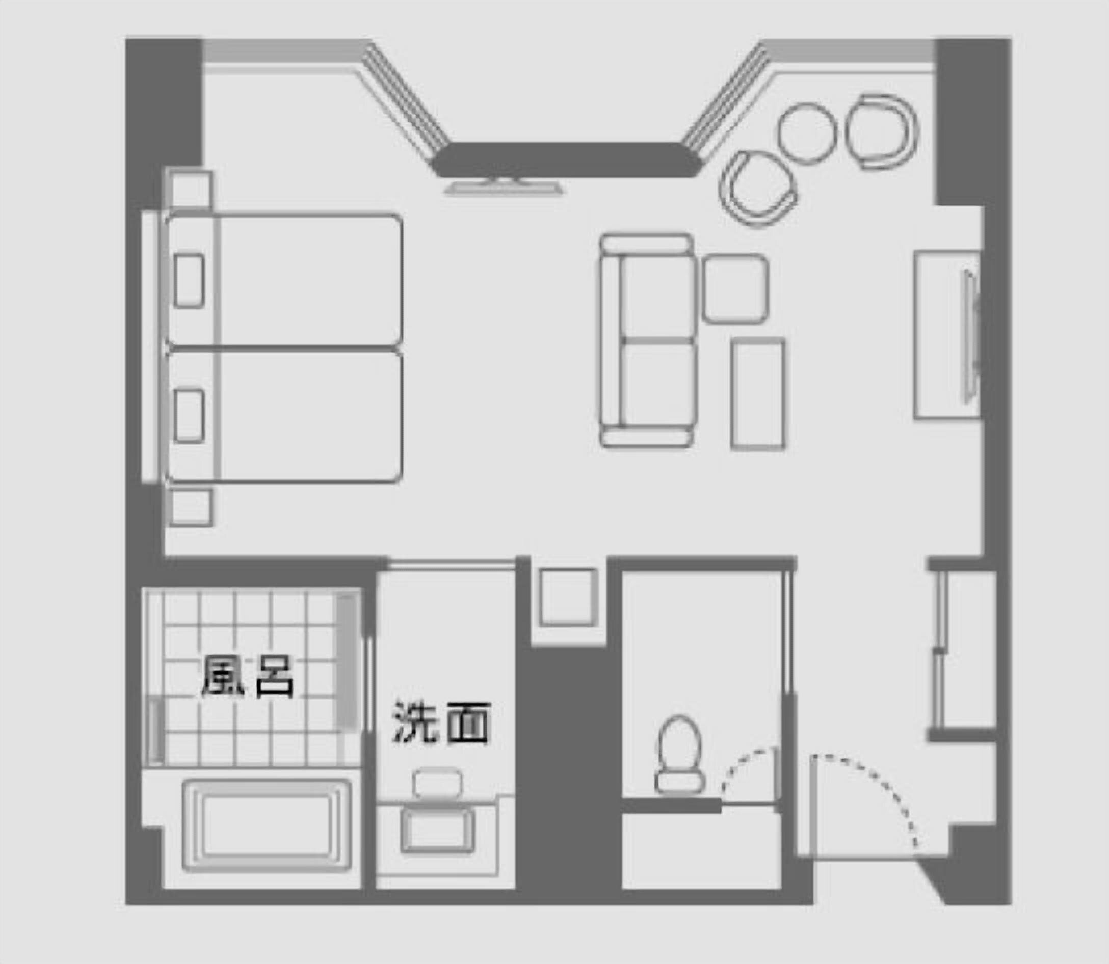 Plano de planta de una habitación de hotel con cama, baño, zona de estar y kitchenette.
