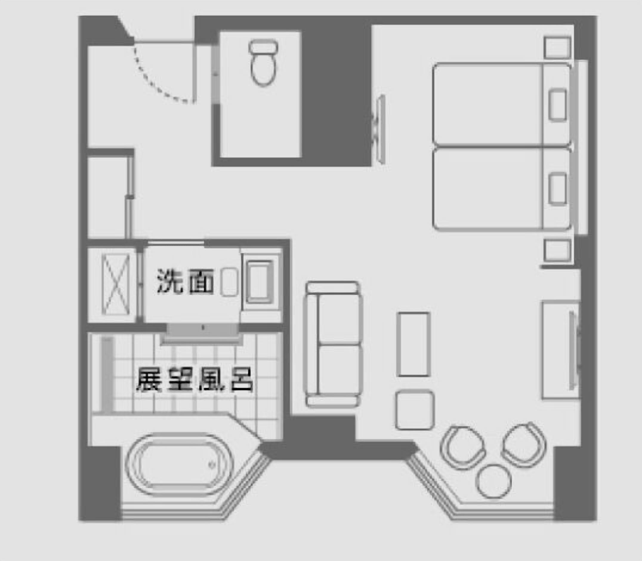 Distribución de una habitación de hotel con cama, escritorio, baño y zona de estar.