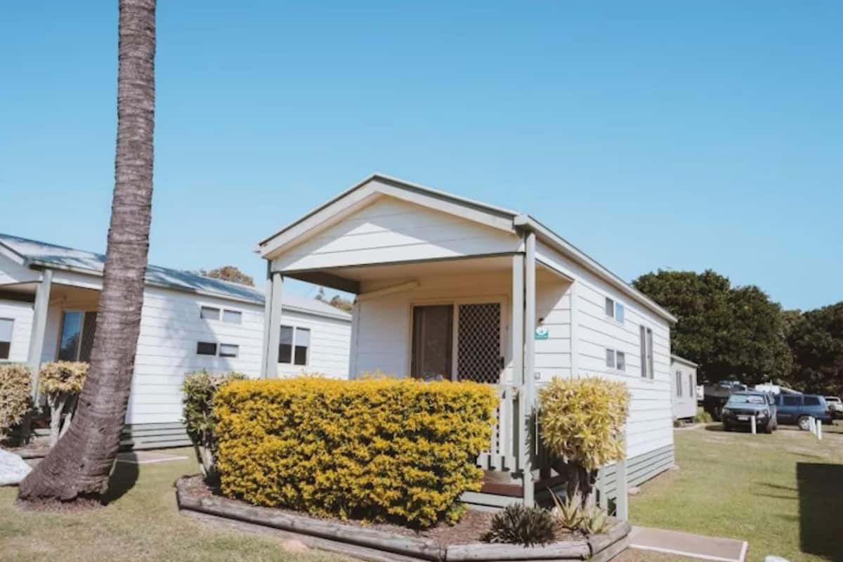 Una casa móvil de un piso con porche cubierto, rodeada de arbustos amarillos cuidados y una palmera.