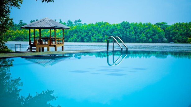 Une piscine aux eaux cristallines, agrémentée d’un gazebo en bois et d’une échelle en métal, le tout entouré d’une végétation luxuriante et bordé d’un lac paisible.