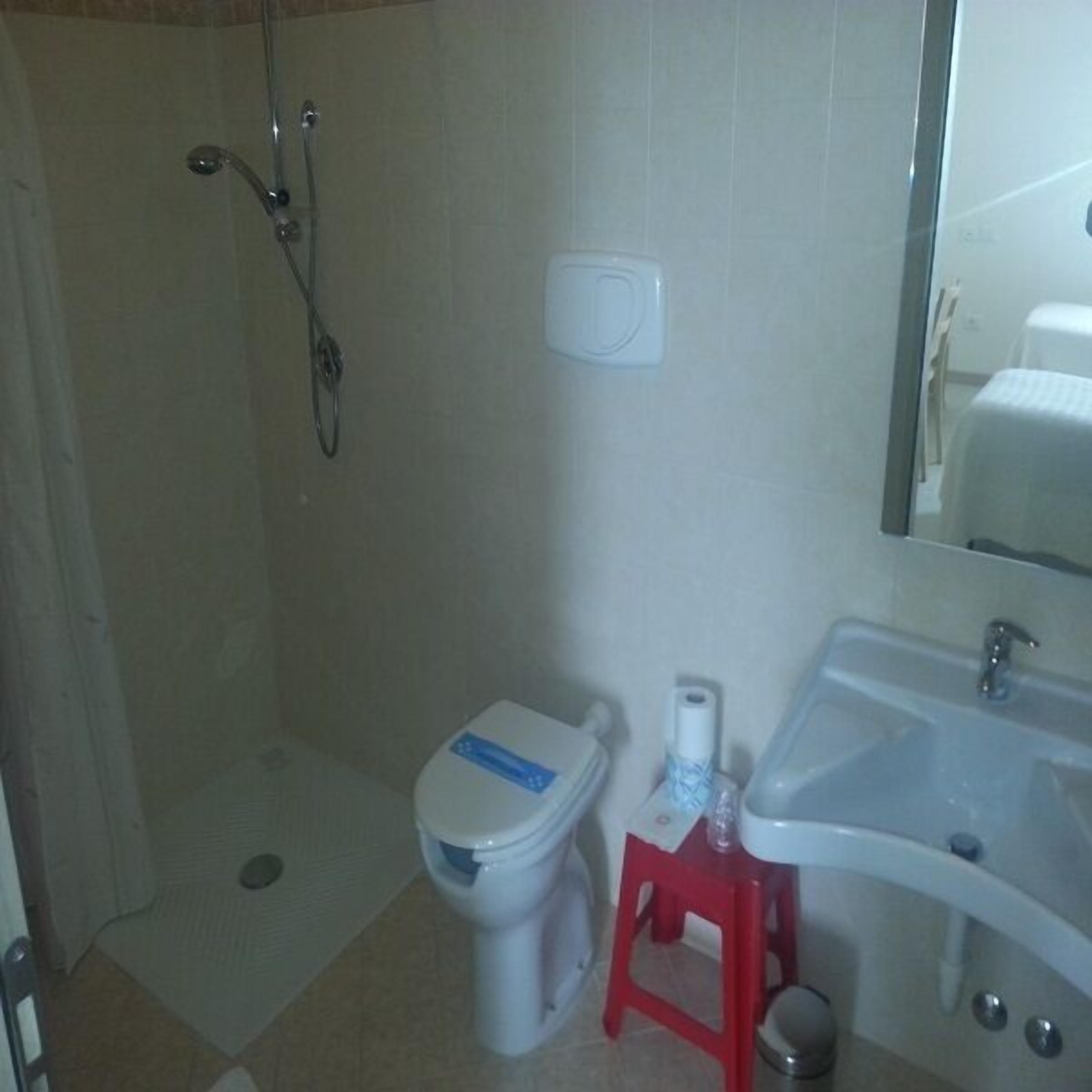 Ein Badezimmer mit Toilette, Dusche, Waschbecken und Spiegel.