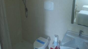 Ein Badezimmer mit Toilette, Dusche, Waschbecken und Spiegel.