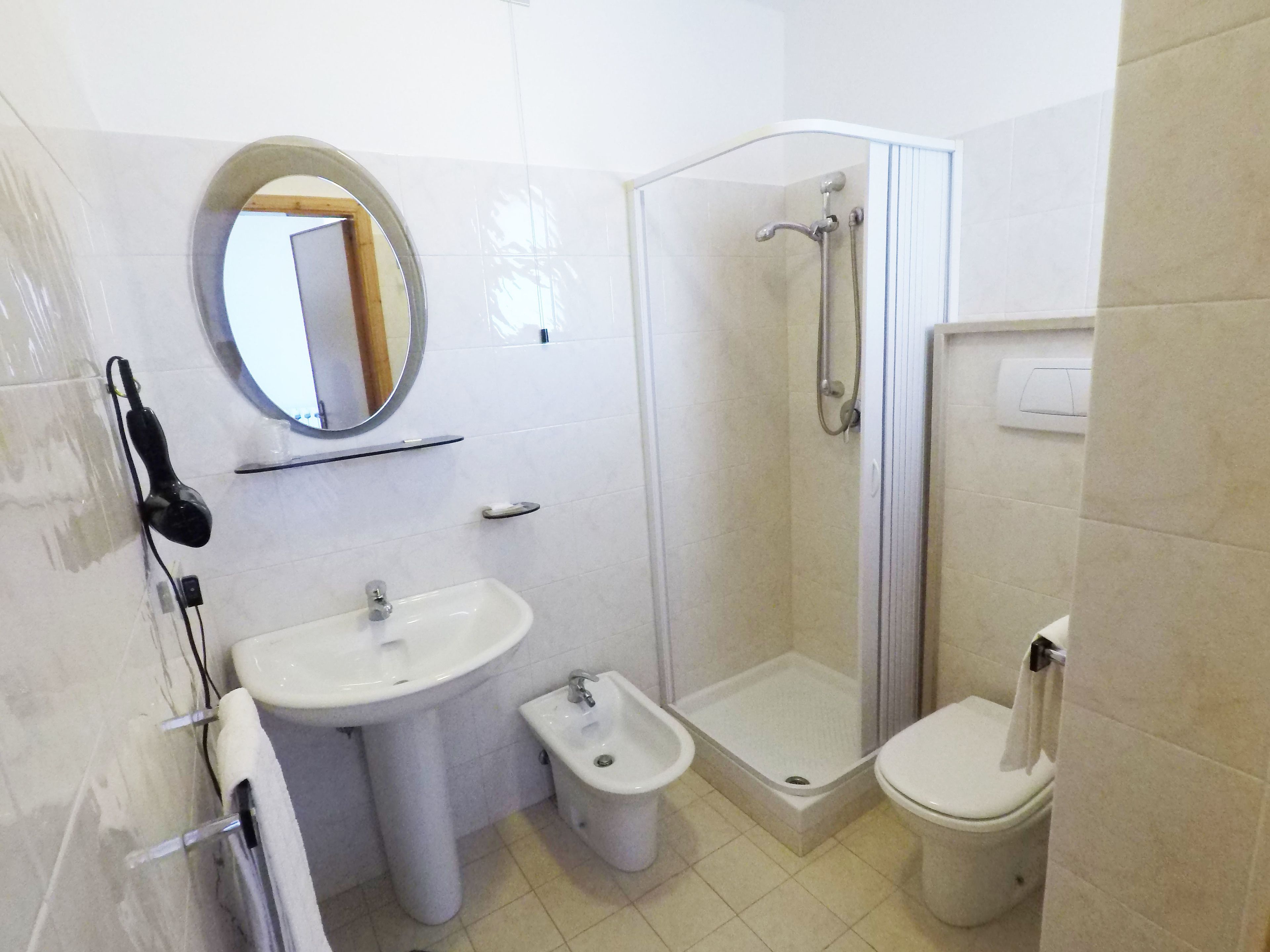 shower, hair dryer, bidet, towels
