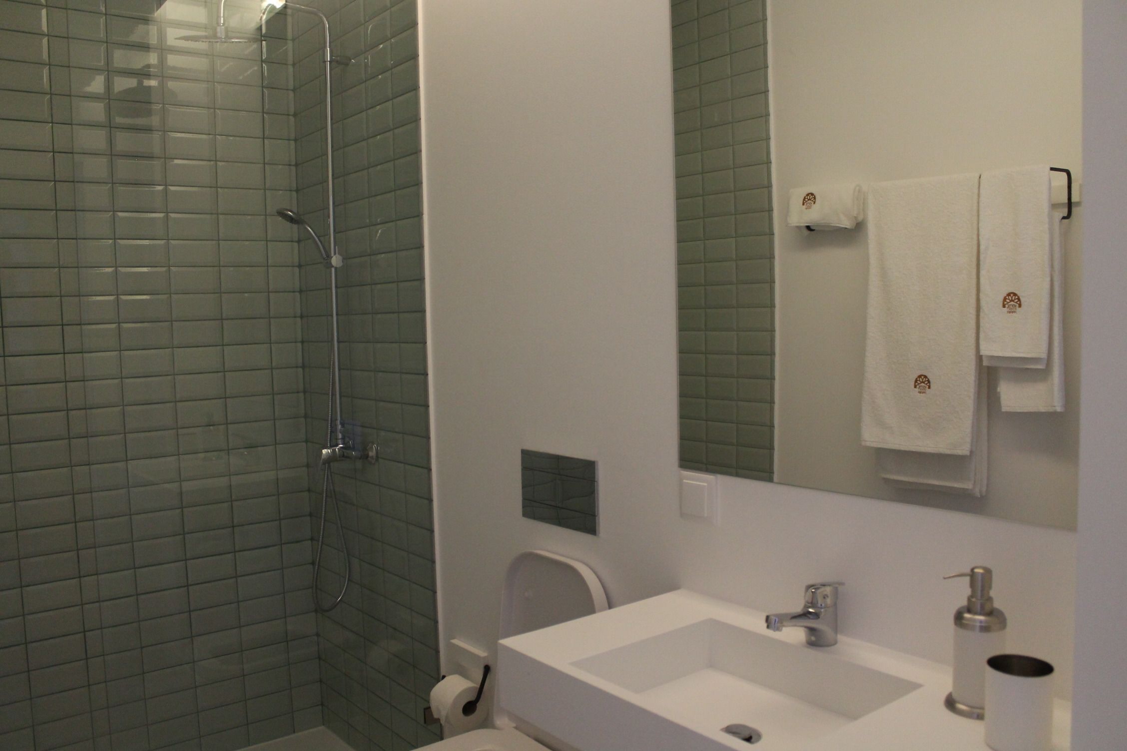Un baño con ducha, inodoro, lavabo y espejo.