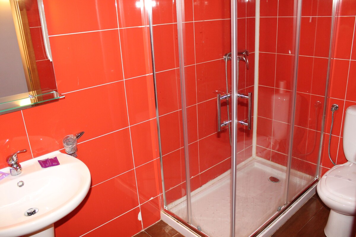 A bathroom with a glass-enclosed shower, a white sink, and a toilet.