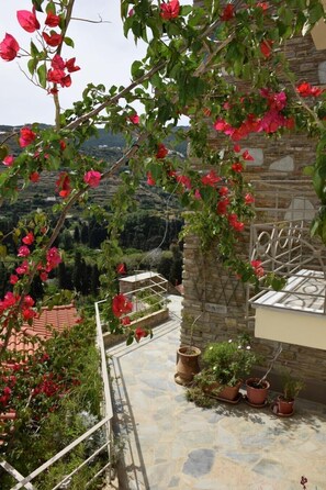Un bâtiment en pierre doté d’un balcon, de plantes en pot et de fleurs rouges.