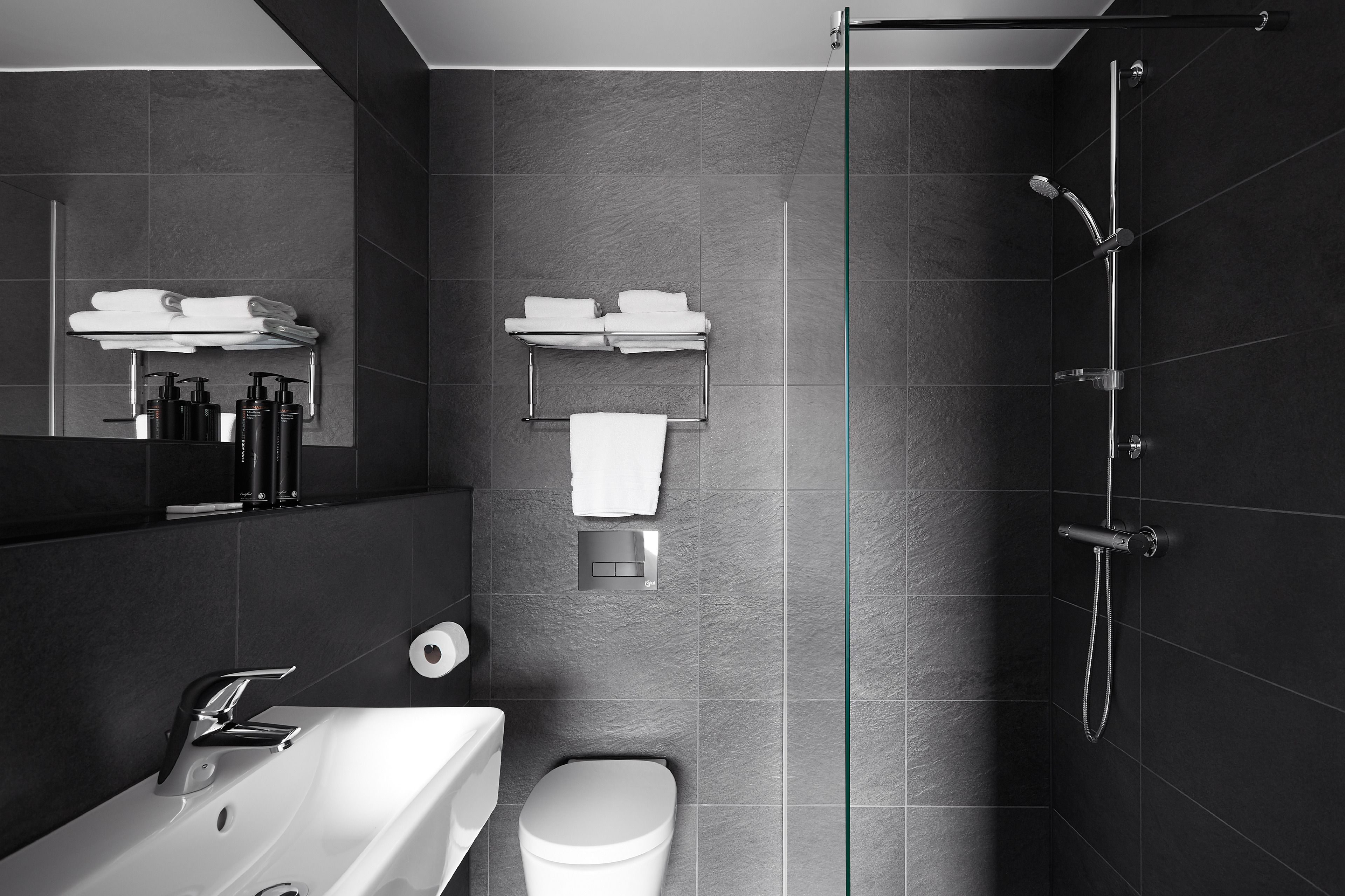 shower, free toiletries, hair dryer, towels