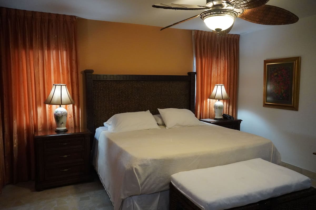 Een hotelkamer met een groot bed, twee nachtkastjes, een plafondventilator en een schilderij aan de muur.
