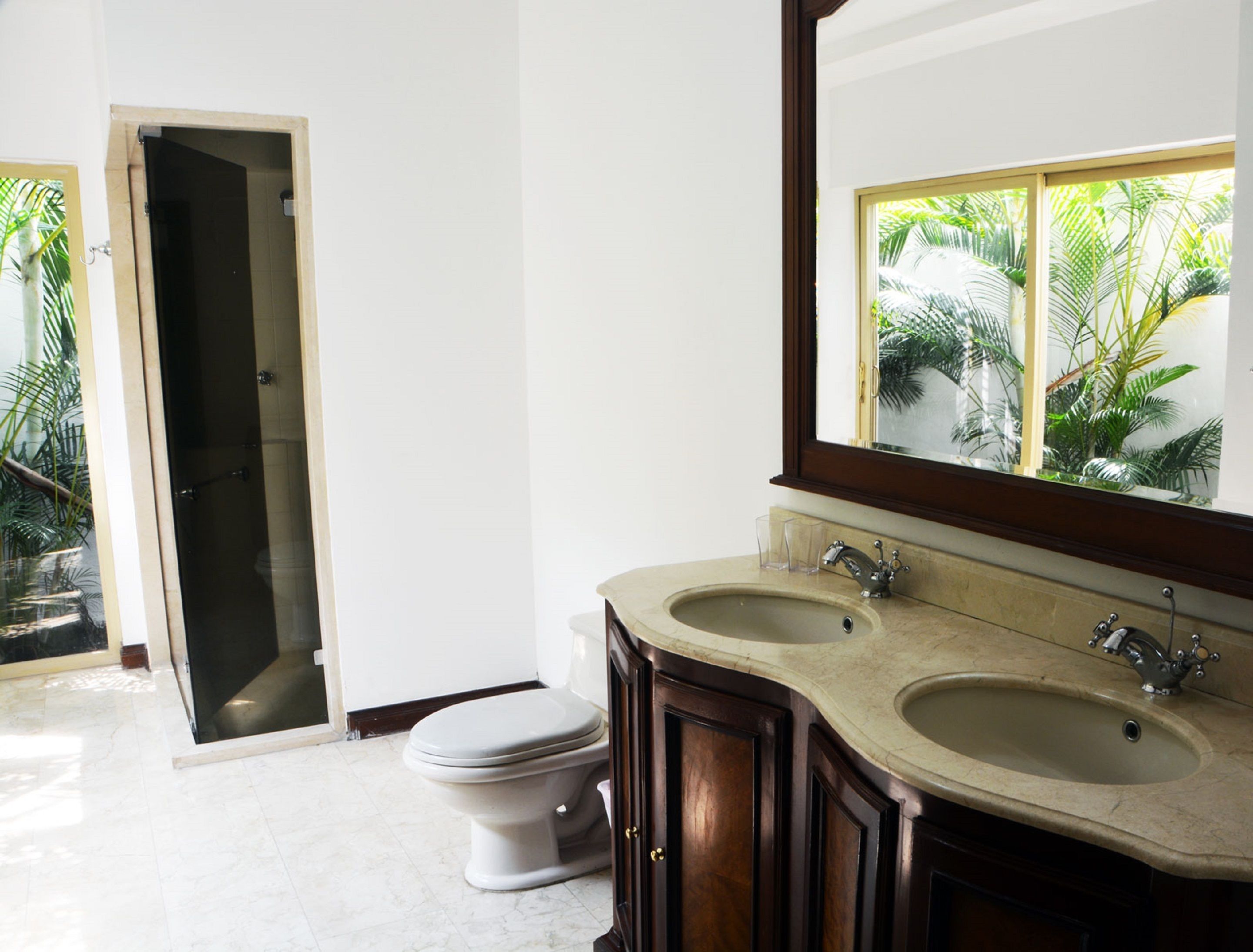 A bathroom with a toilet, two sinks, a mirror, and a door leading to a shower area.