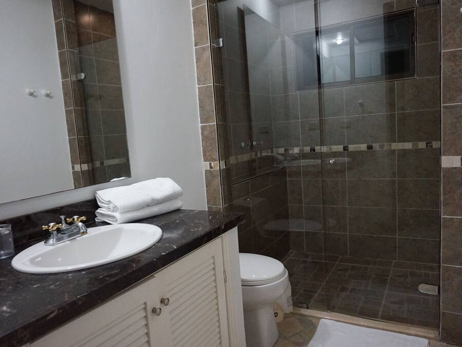 A bathroom with a glass-enclosed shower, a white sink, and a toilet.