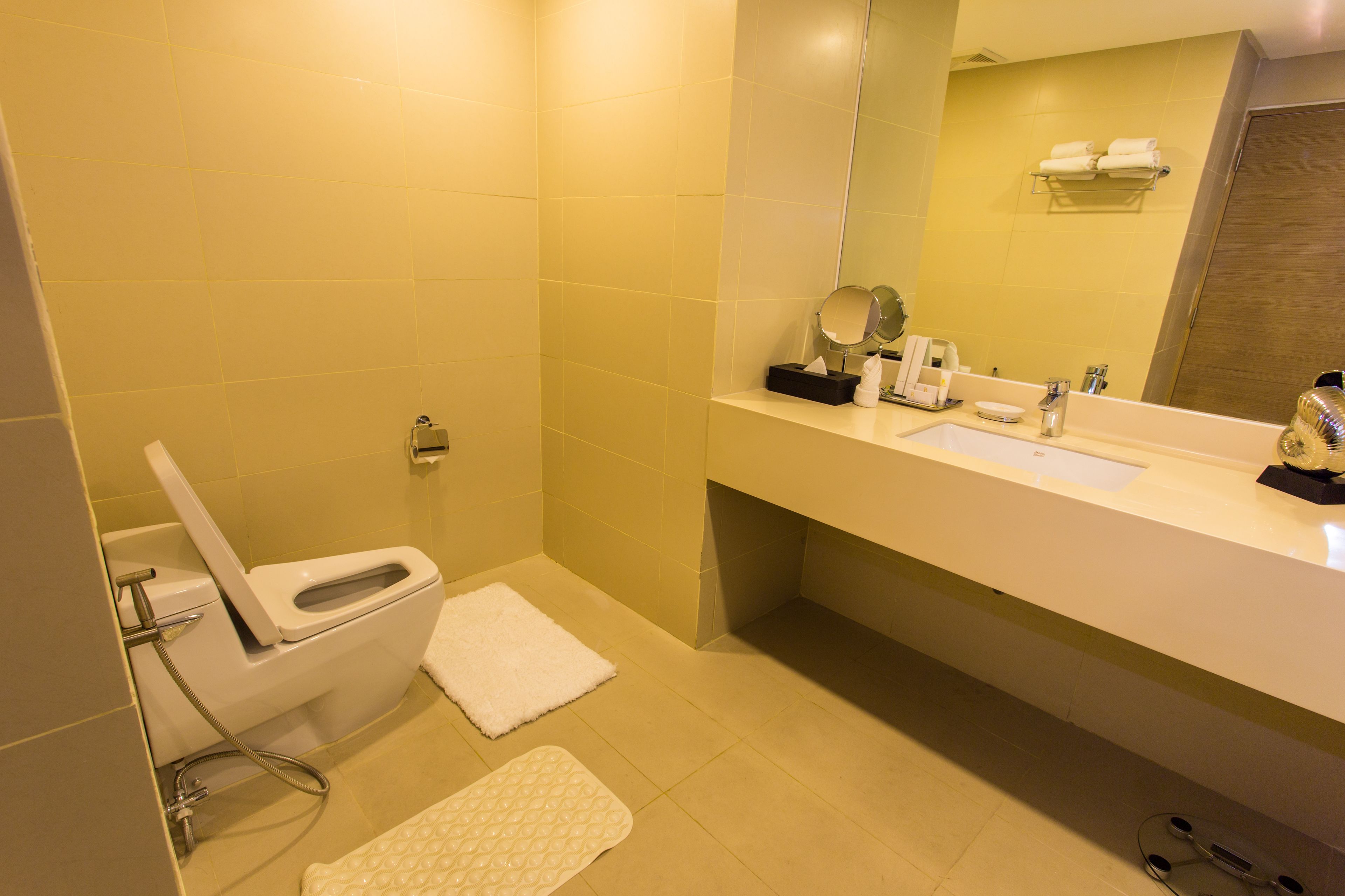 A modern bathroom with a toilet, bidet, and a large mirror above the sink.